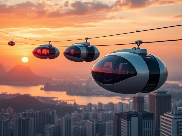 Flick International Sleek autonomous transport pods gliding above a vibrant city at sunset