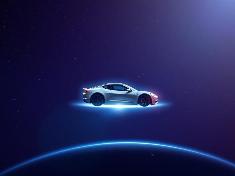 Flick International A Tesla Roadster floating in space against a backdrop of stars