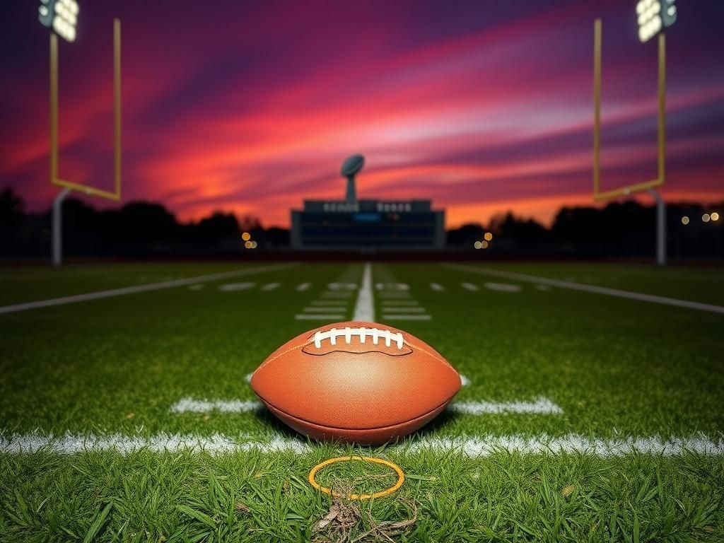 Flick International Close-up of a football field at twilight with a solitary football on the 50-yard line