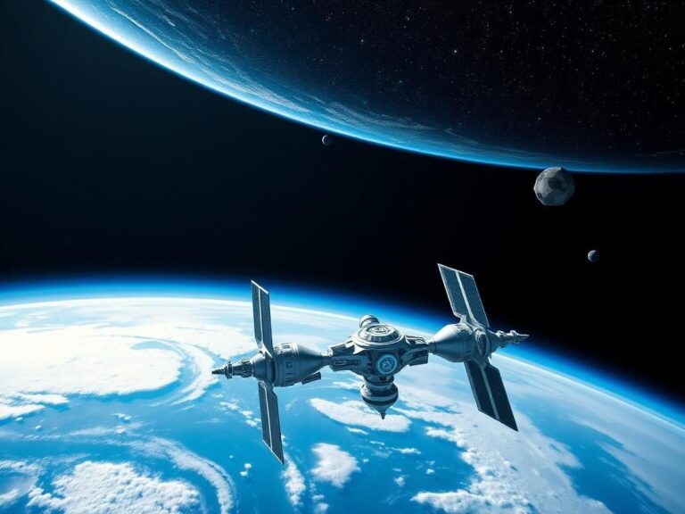 Flick International Futuristic space station in low Earth orbit with Earth in the background