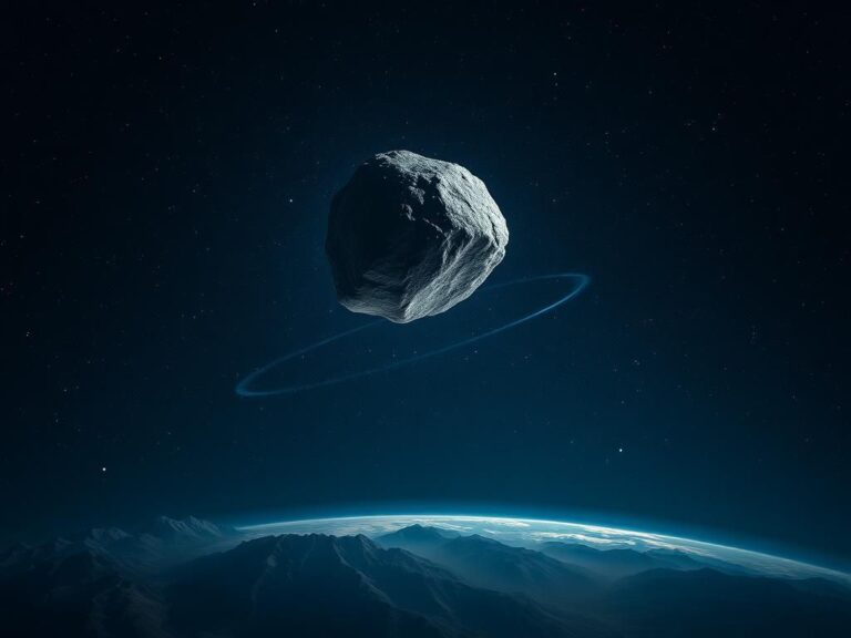 Flick International A small, rocky asteroid resembling a boulder illuminated by starlight in a vast night sky