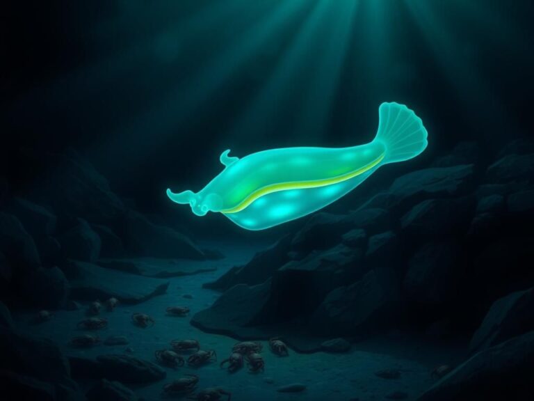 Flick International Glowing sea slug Bathydevius caudactylus illuminated in the deep sea midnight zone