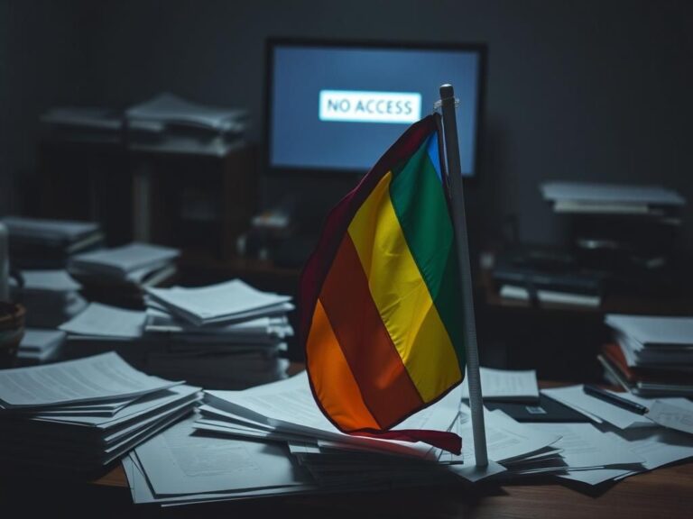 Flick International A cluttered desk with hidden papers and a Pride flag in a dimly lit office