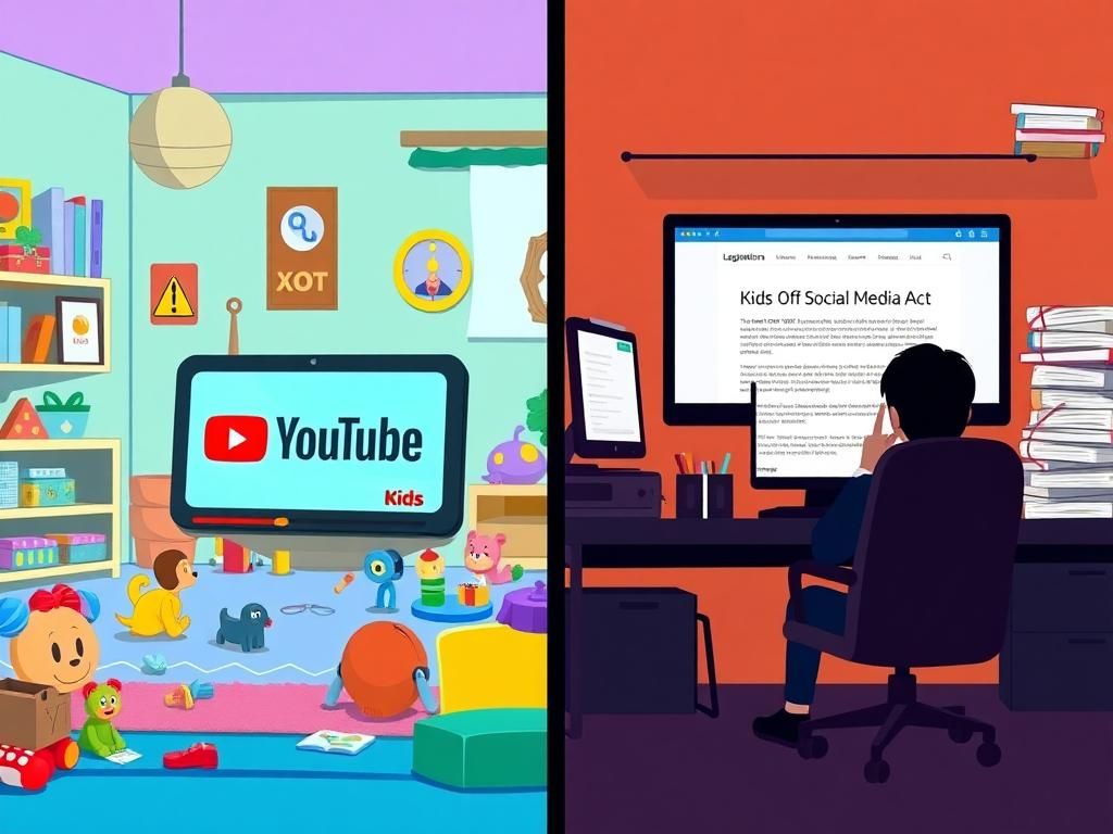 Flick International A split-screen illustration depicting a vibrant children's room filled with toys on the left and a somber office space with legislation on the right, representing the debate over online safety.