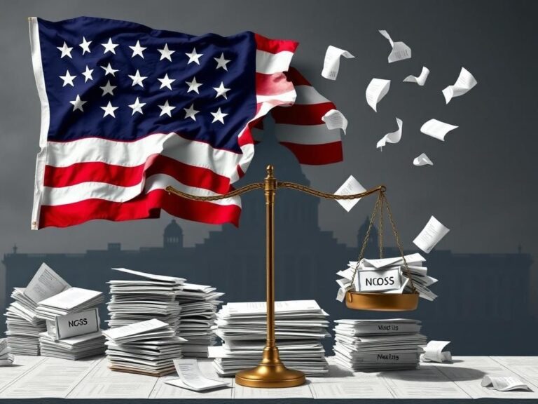 Flick International A large, crumbling American flag overshadowing financial documents and foreign aid envelopes