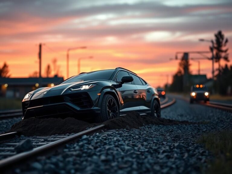 Flick International Lamborghini SUV partially buried in dirt on railroad tracks at dawn