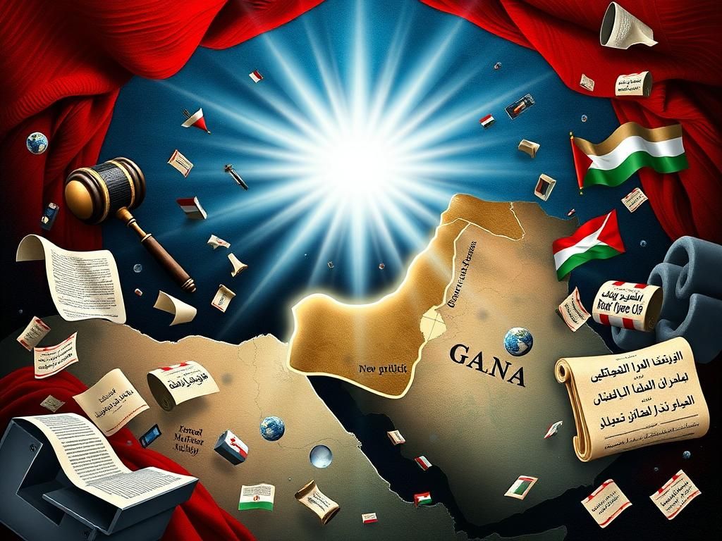 Flick International A stylized map of the Middle East highlighting the Gaza Strip with political symbols