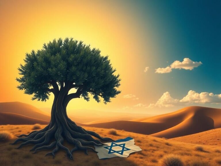 Flick International Stylized depiction of a large ancient olive tree symbolizing peace and diplomacy between Israel and the United States