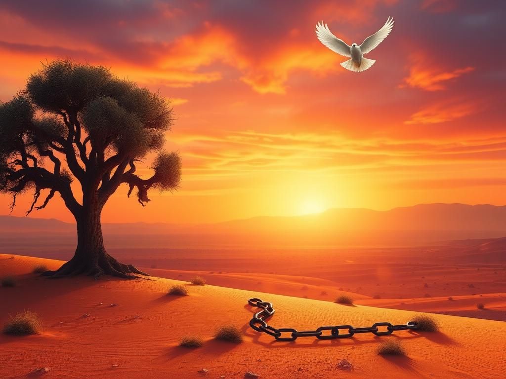 Flick International Serene desert landscape at sunset with ancient tree symbolizing strength and resilience