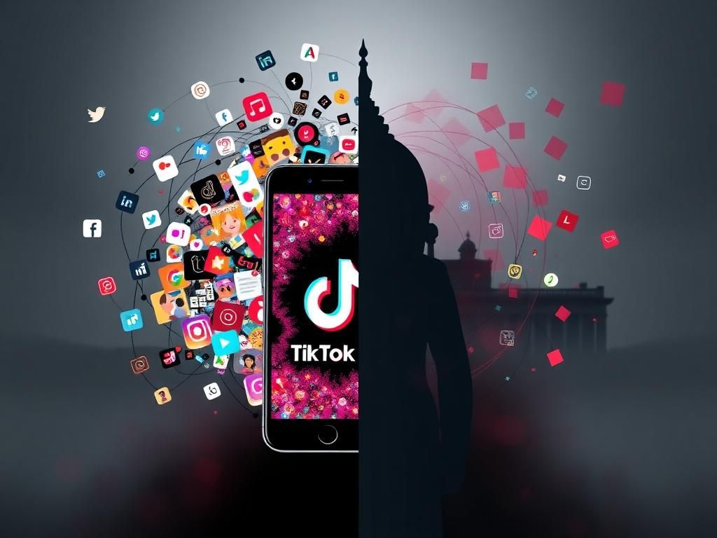 Flick International Illustration of a smartphone showing the TikTok logo juxtaposed with a government building symbolizing censorship