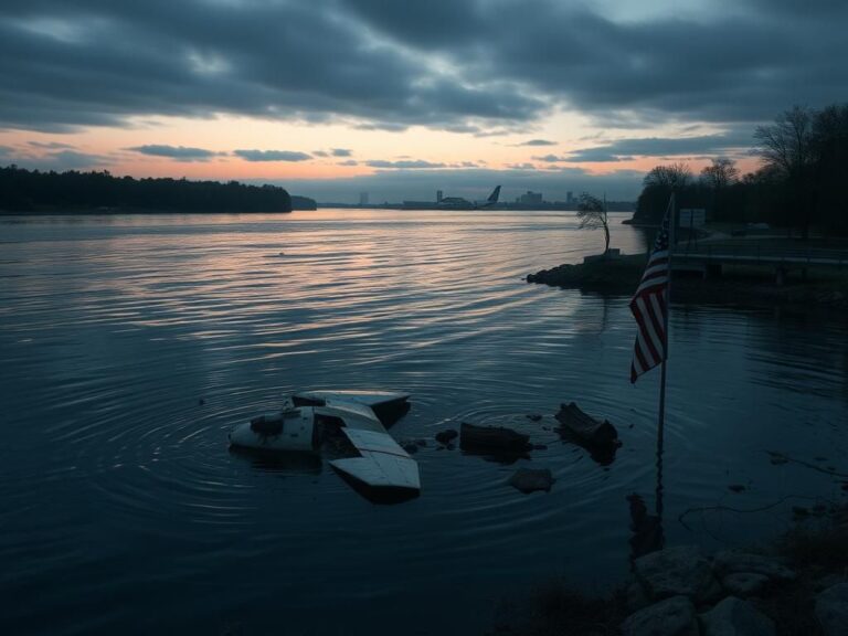 Flick International Somber scene of the Potomac River at dusk with aircraft debris reflecting a recent tragedy