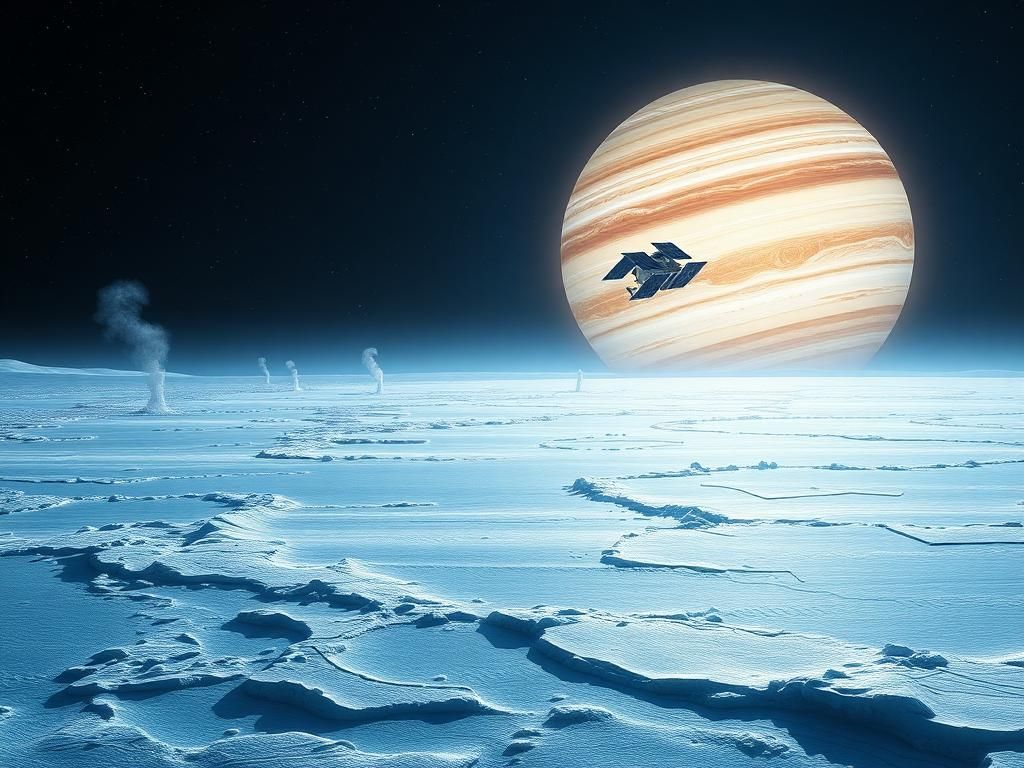 Flick International Digital illustration of Jupiter's moon Europa with ice crust and NASA spacecraft