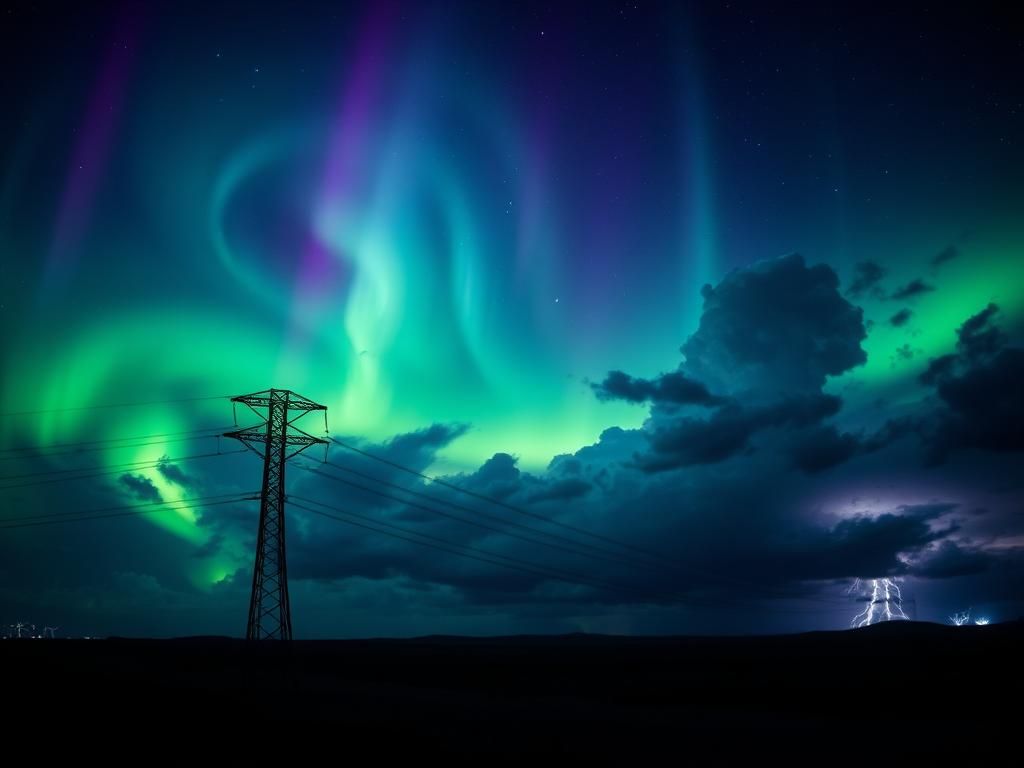 Flick International Dramatic landscape of geomagnetic storm effects with power line and aurora borealis