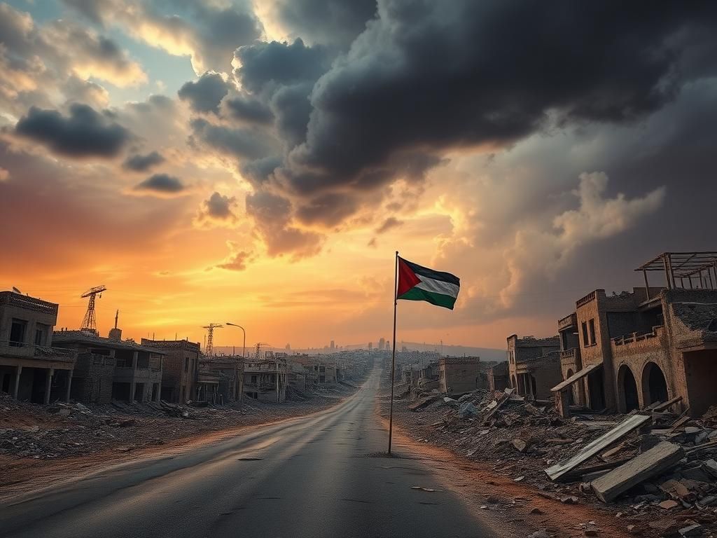 Flick International Desolate landscape of the Gaza Strip showing abandoned buildings and rubble