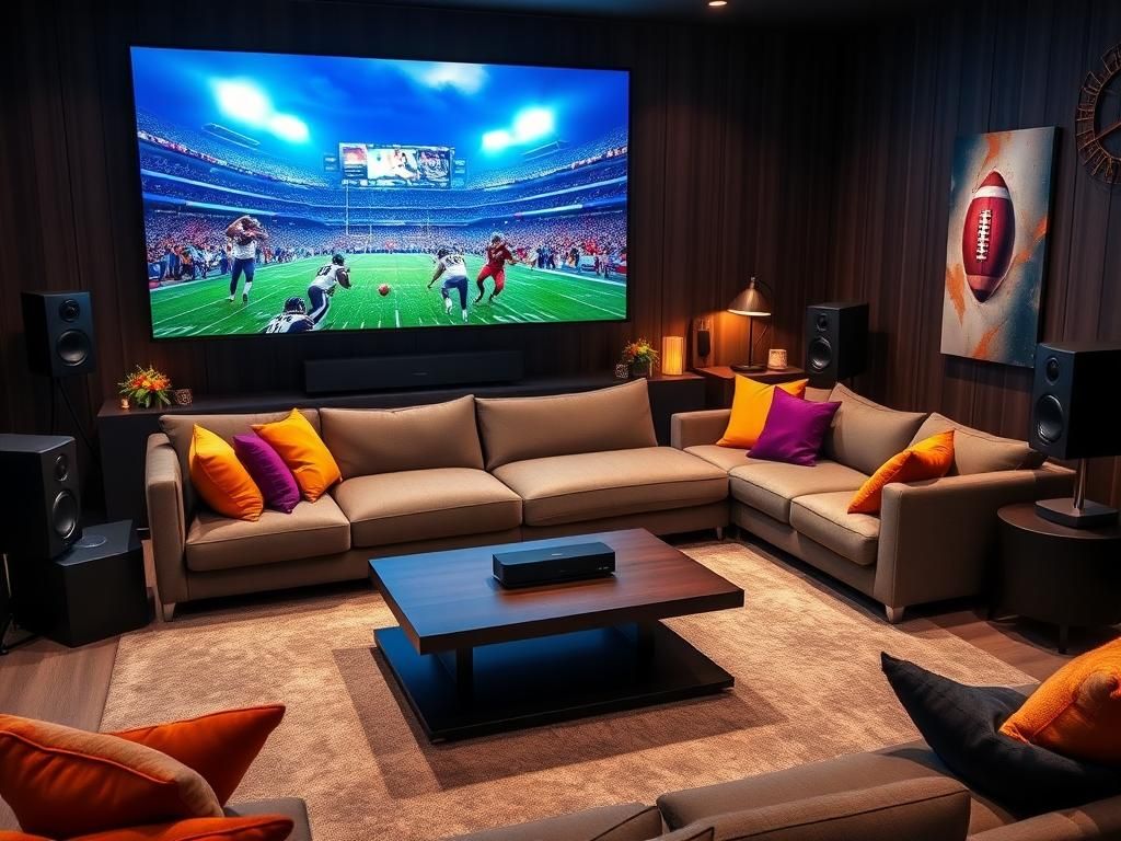 Flick International Cozy home theater setup for Super Bowl viewing