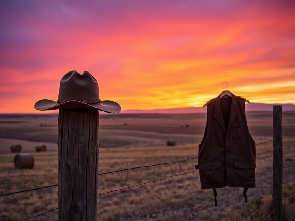 Flick International A rugged South Dakota landscape at sunrise with a cowboy hat on a fence post