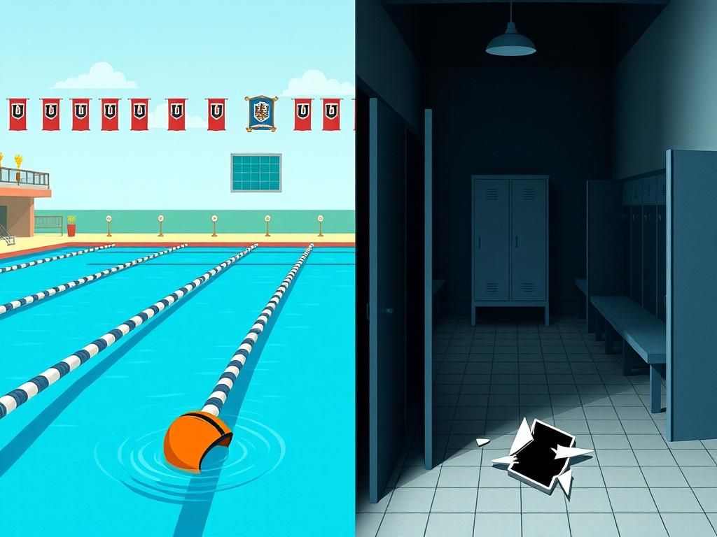 Flick International A split-image concept showing a traditional college swimming pool contrasted with a dark locker room