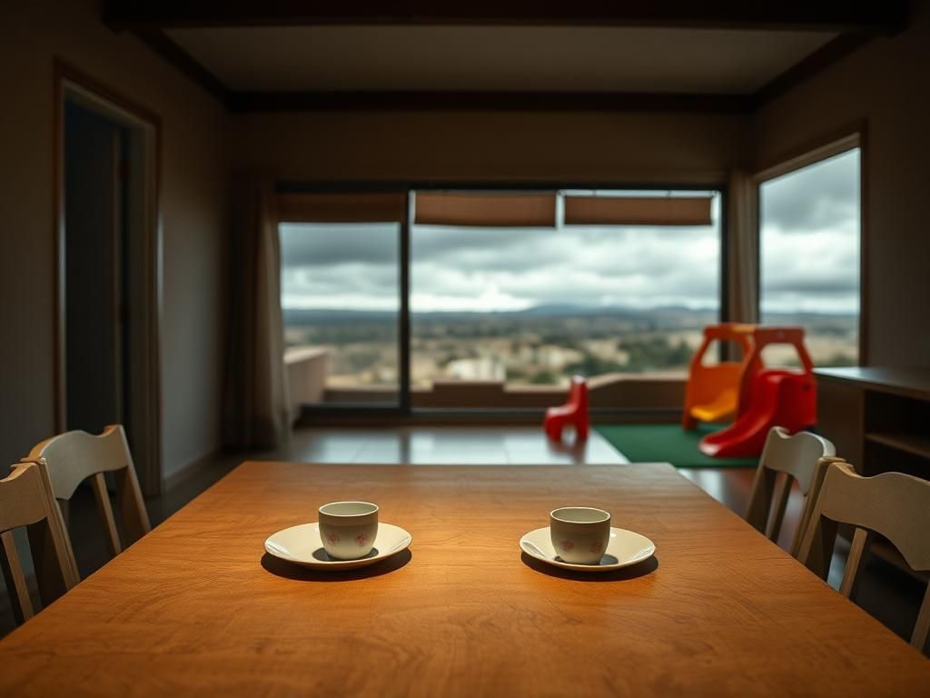 Flick International An empty family home in Kibbutz Nir Oz with an unfinished dinner table and play area, symbolizing the absence of Yarden Bibas' family during captivity.