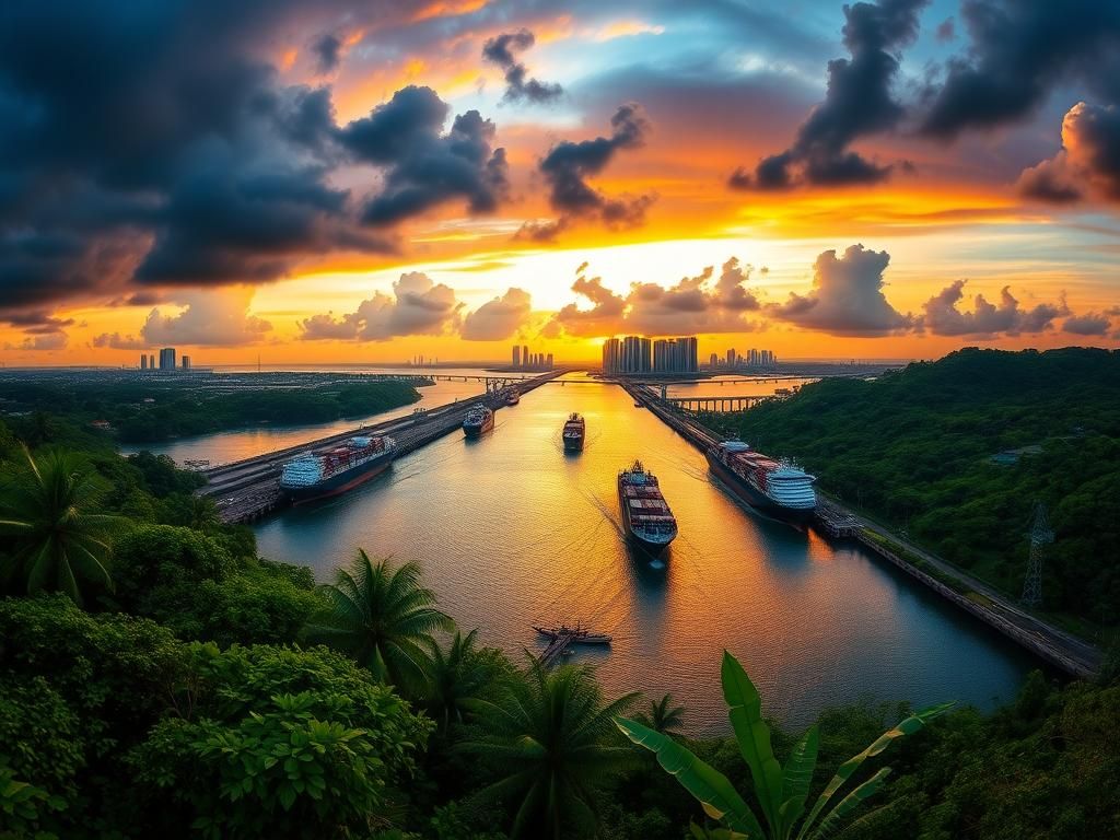 Flick International Panoramic view of the Panama Canal at sunset with ships and lush vegetation