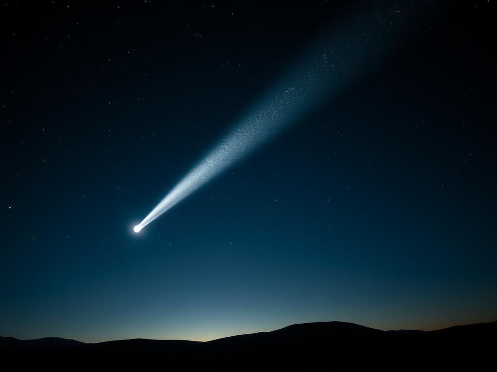 Flick International A brilliant comet glowing against a deep blue night sky filled with stars