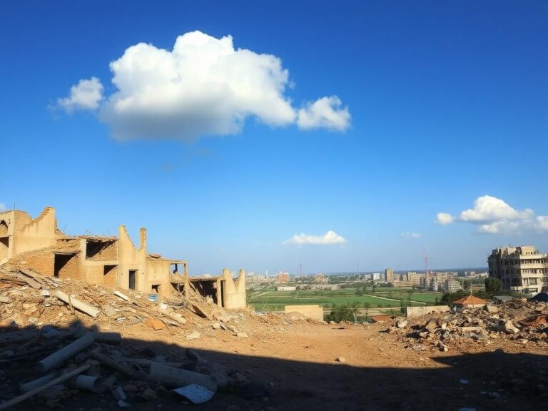 Flick International Gaza landscape showing destruction with remnants of demolished buildings and a bright blue sky