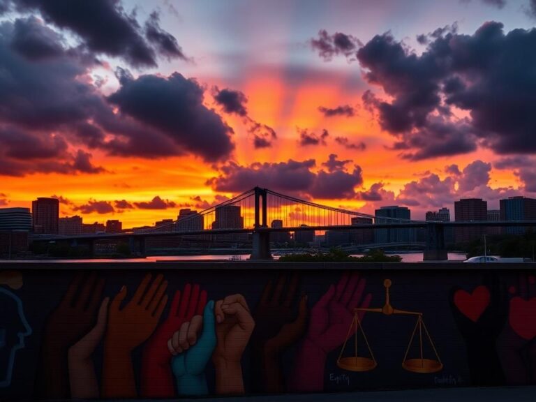 Flick International Vibrant Baltimore skyline at dusk with Francis Scott Key Bridge and abstract mural representing diversity and inclusion