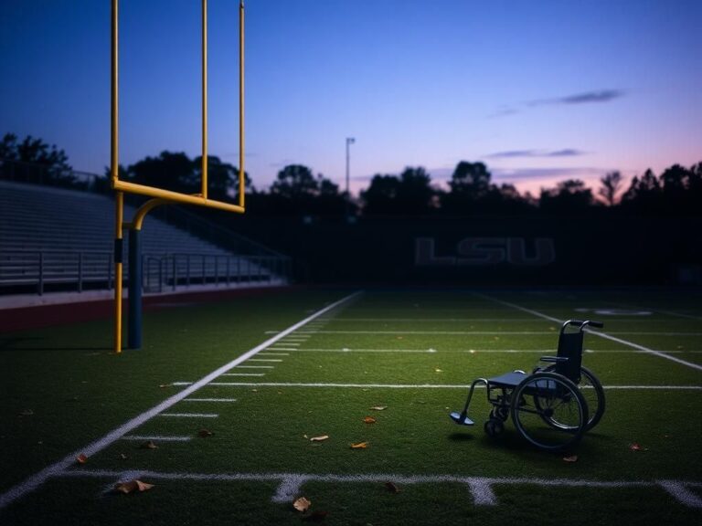 Flick International Emotional football field at dusk with empty wheelchair and lonesome bleachers