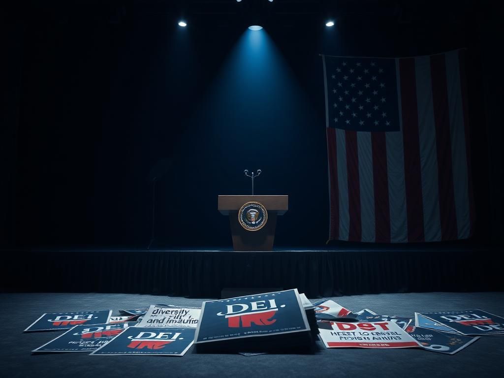 Flick International Empty presidential podium illuminated by a spotlight on a dark stage