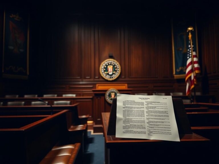 Flick International Dramatic close-up of a Senate hearing room with FBI seal and wooden benches