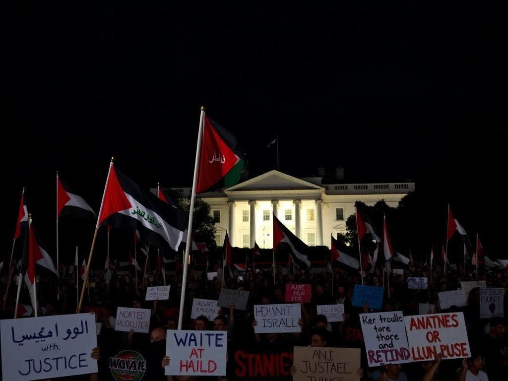 Flick International Anti-Israel protesters waving flags outside the White House during a tumultuous protest