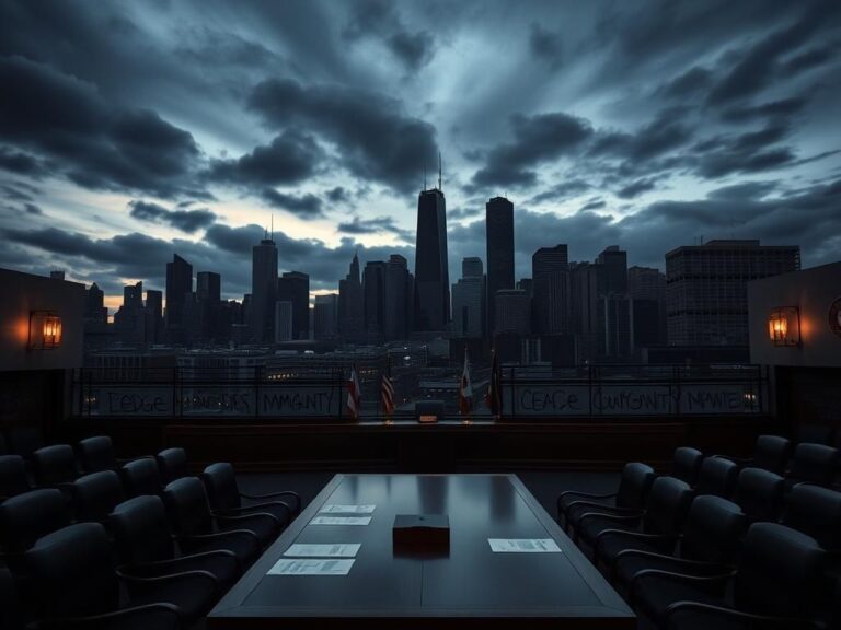 Flick International Twilight skyline of Chicago with empty city council chamber showcasing local governance concerns