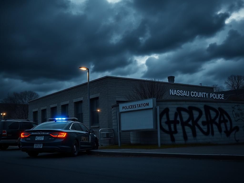 Flick International Nassau County police station exterior under dark clouds with a flashing police cruiser in the foreground