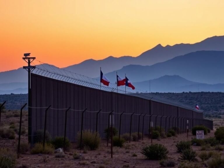 Flick International Symbolic representation of the Southern U.S. border with Mexico featuring the border wall and Texas state flags under a sunset sky