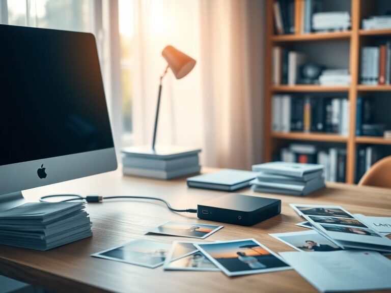 Flick International A sleek workspace featuring a computer and an external hard drive on a wooden desk