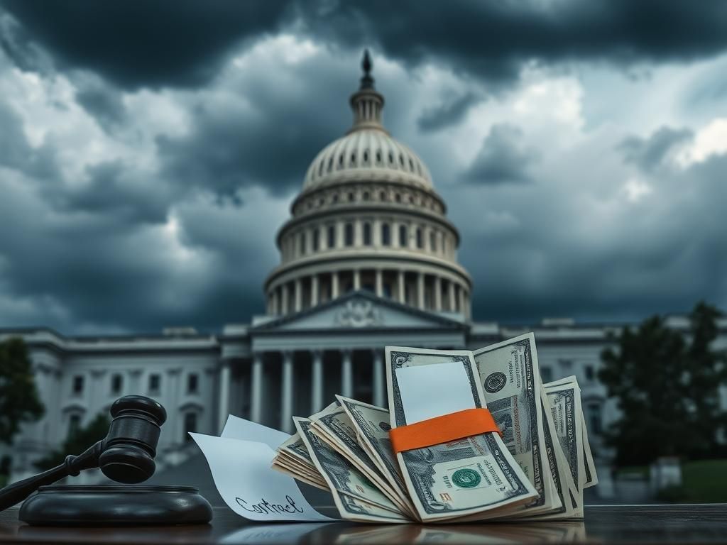 Flick International Close-up of the U.S. Capitol building with dollar bills and a gavel in the foreground