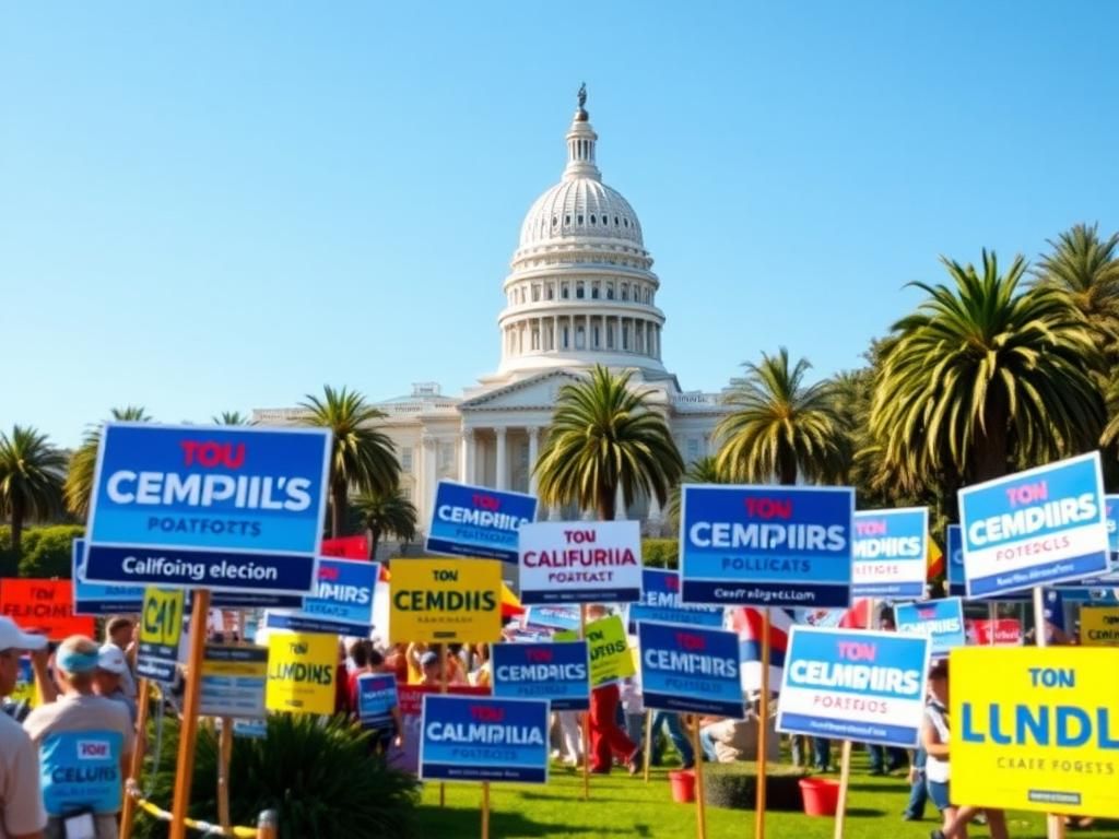 Flick International Vibrant California political scene with capitol building and campaign signs