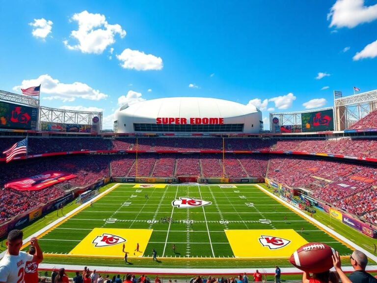 Flick International Football stadium on Super Bowl day with the iconic Caesars Superdome under a clear blue sky