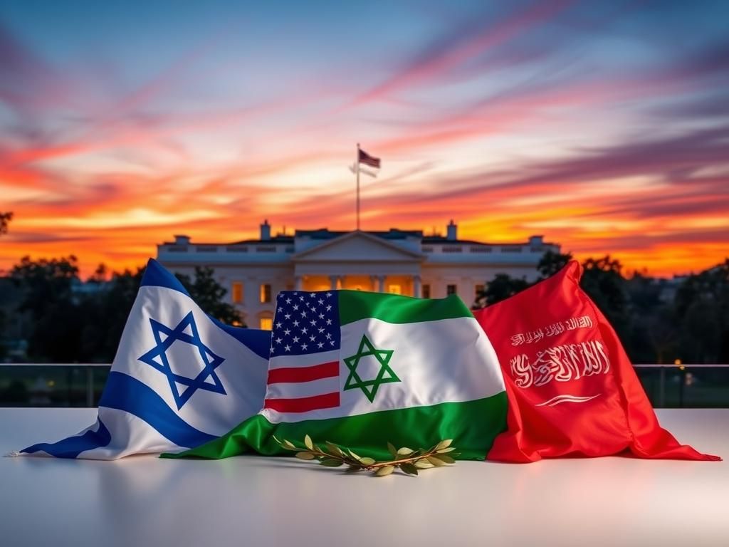 Flick International Aerial view of Washington, D.C. at dusk with the White House and flags of Israel, the U.S., and Saudi Arabia