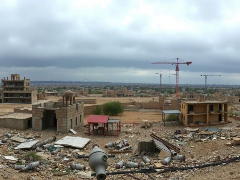 Flick International Panoramic view of the Gaza Strip showing abandoned buildings and a construction crane under an overcast sky