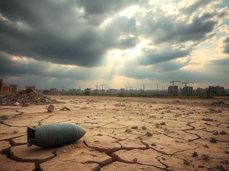 Flick International Desolate landscape of the Gaza Strip with remnants of destroyed buildings and a rusted bomb, symbolizing ongoing conflict.