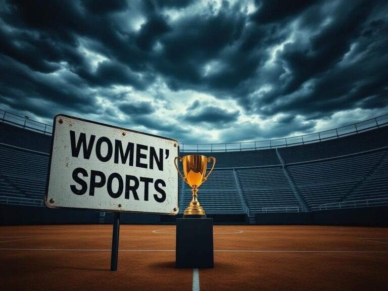 Flick International A dramatic scene of a sports arena with a sign reading 'Women’s Sports' and a lone trophy on a pedestal.