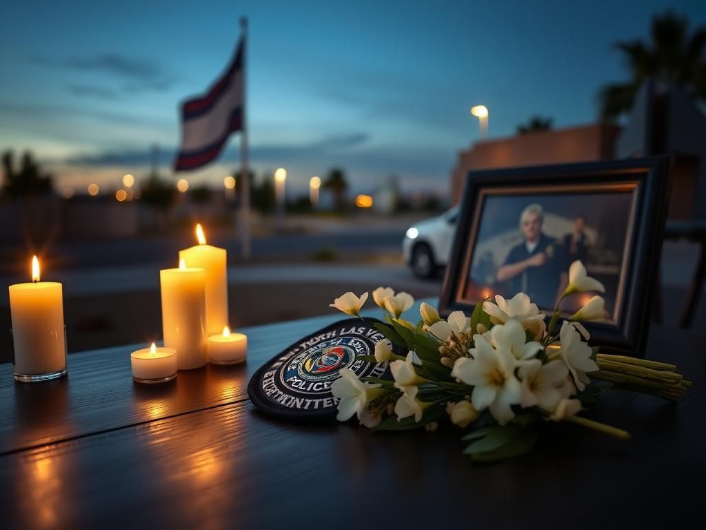 Flick International North Las Vegas Police badge and patch displayed on a dark wooden table surrounded by lit candles