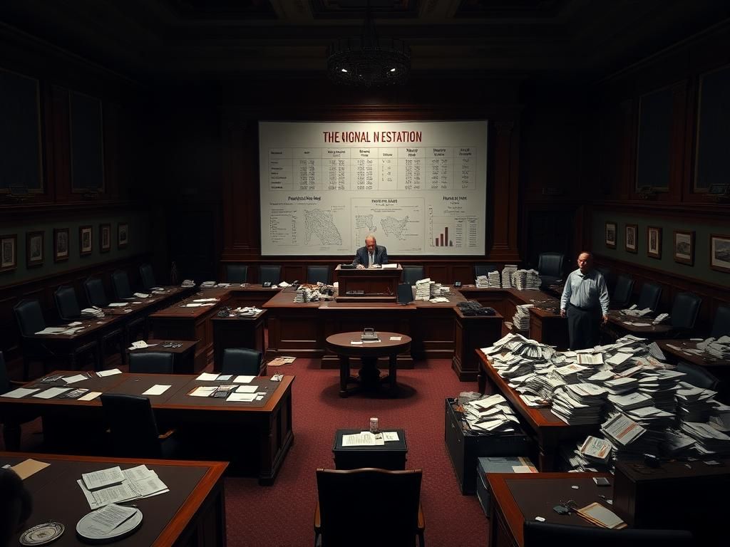 Flick International Dimly lit legislative chamber filled with large wooden tables and scattered documents, depicting a tense atmosphere