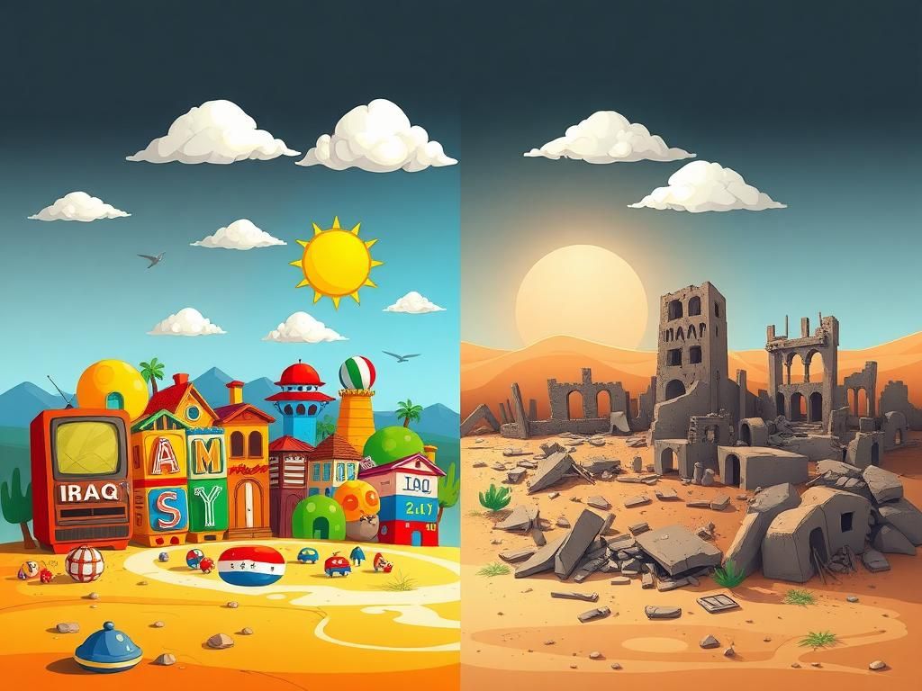 Flick International Illustration contrasting a vibrant children's television set with a desolate war-torn landscape