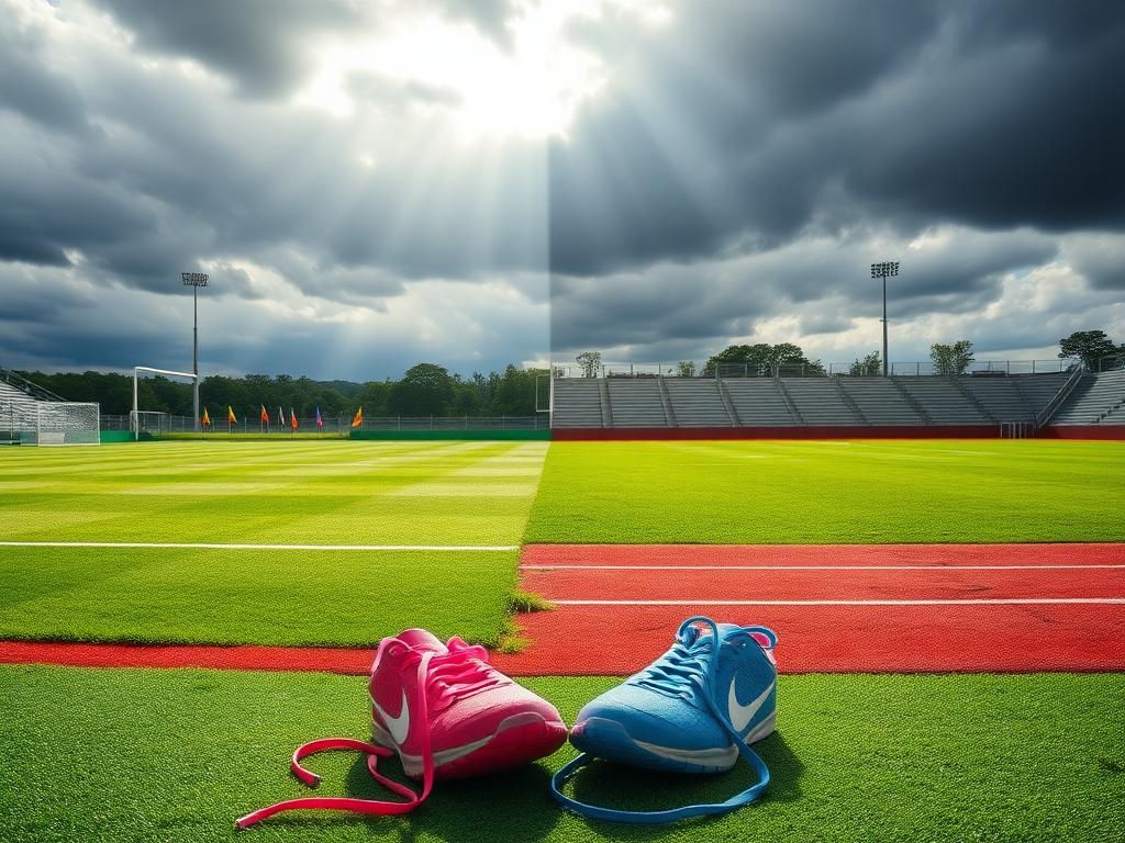 Flick International A divided sports field showing a women's soccer field and an empty track field, symbolizing the debate on trans athletes