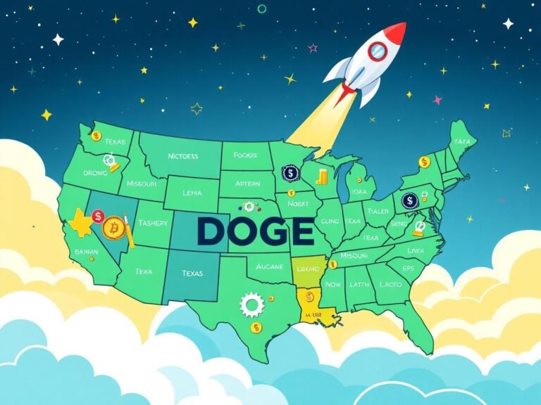 Flick International Illustration showing the rise of DOGE-themed initiatives across the United States, with highlighted states like Texas, New Jersey, and Missouri