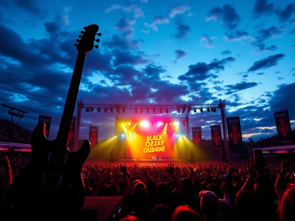 Flick International Dramatic concert scene featuring Ozzy Osbourne and Black Sabbath with fans in an open-air arena