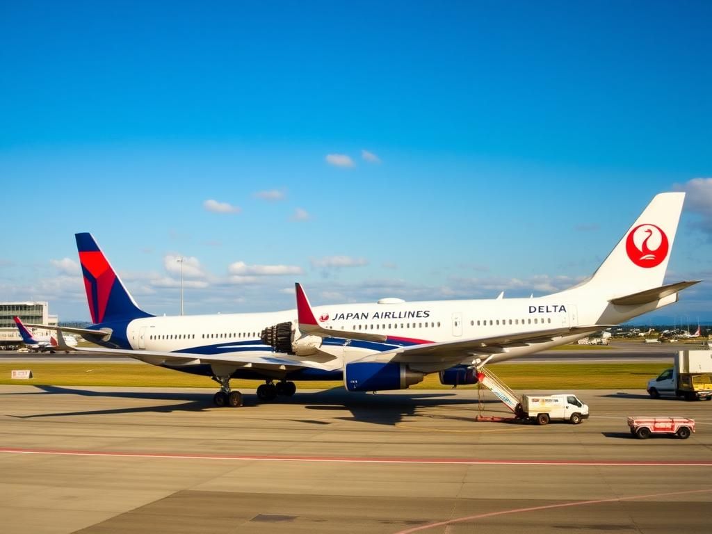 Flick International Two aircraft at Seattle-Tacoma International Airport, showcasing a Delta Airlines plane with tail damage and a Japan Airlines plane in motion.