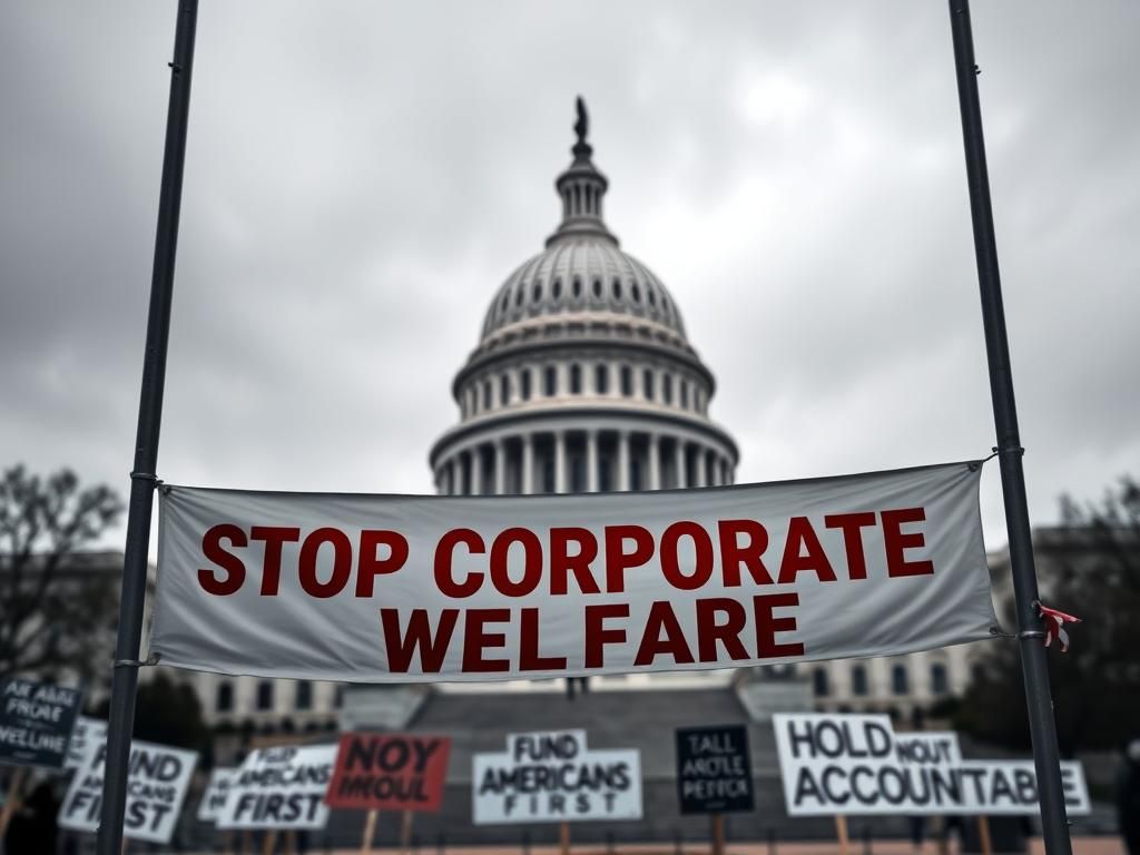 Flick International A stark view of the U.S. Capitol building under an overcast sky with a prominent banner reading 'STOP CORPORATE WELFARE'.