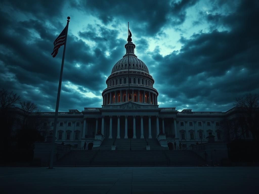 Flick International U.S. Capitol building at dusk with stormy clouds and empty flagpole